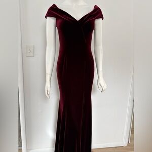 Xscape Off-Shoulder Velvet Maxi Gown in Burgundy